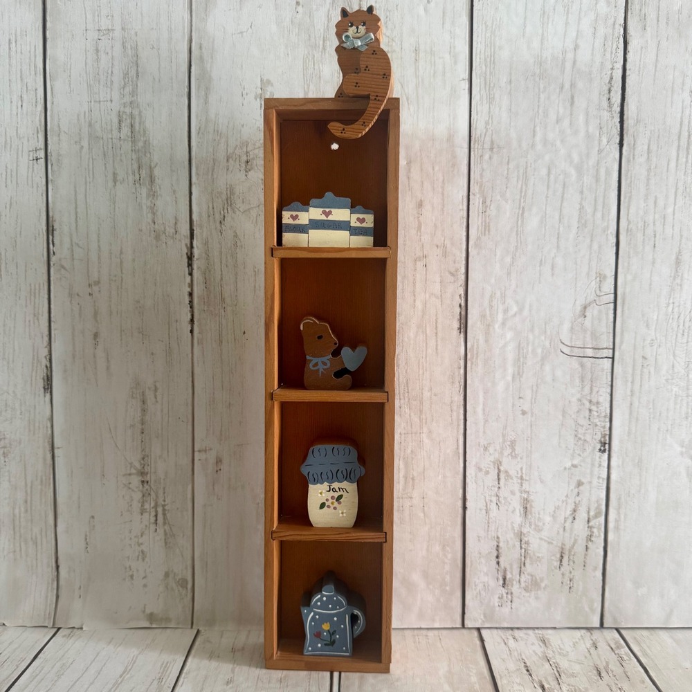Vintage Wood Shadow Box Wall Shelf 5 Hand Painted Cottagecore Wood Figurines Set